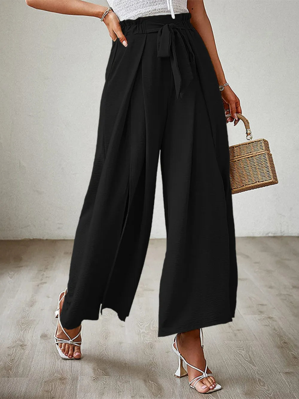 Wide Leg Pants with Tie and Slit