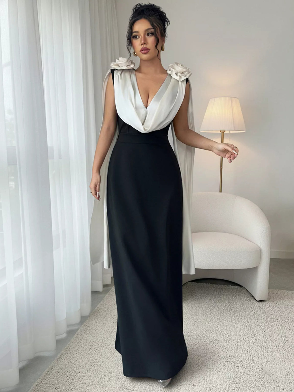 Floral Applique Two-Tone Maxi Dress