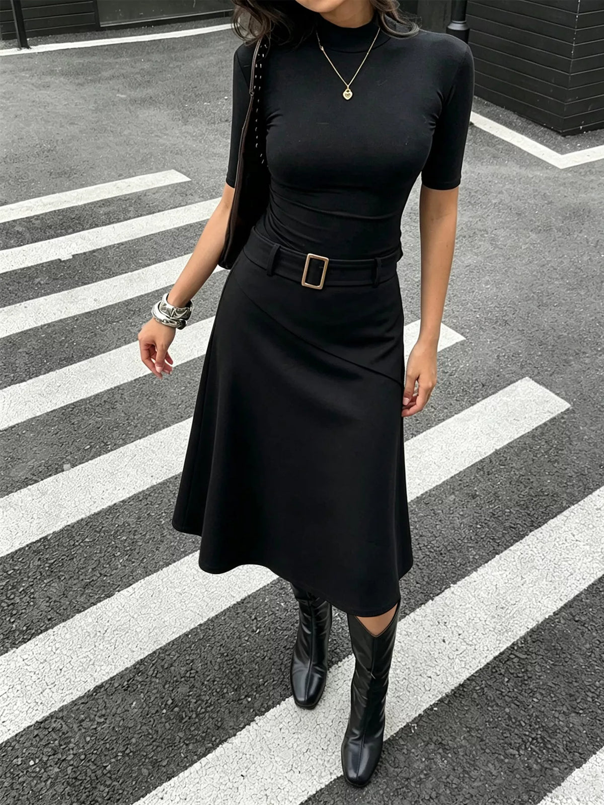 High-Waisted A-Line Midi Skirt in Black