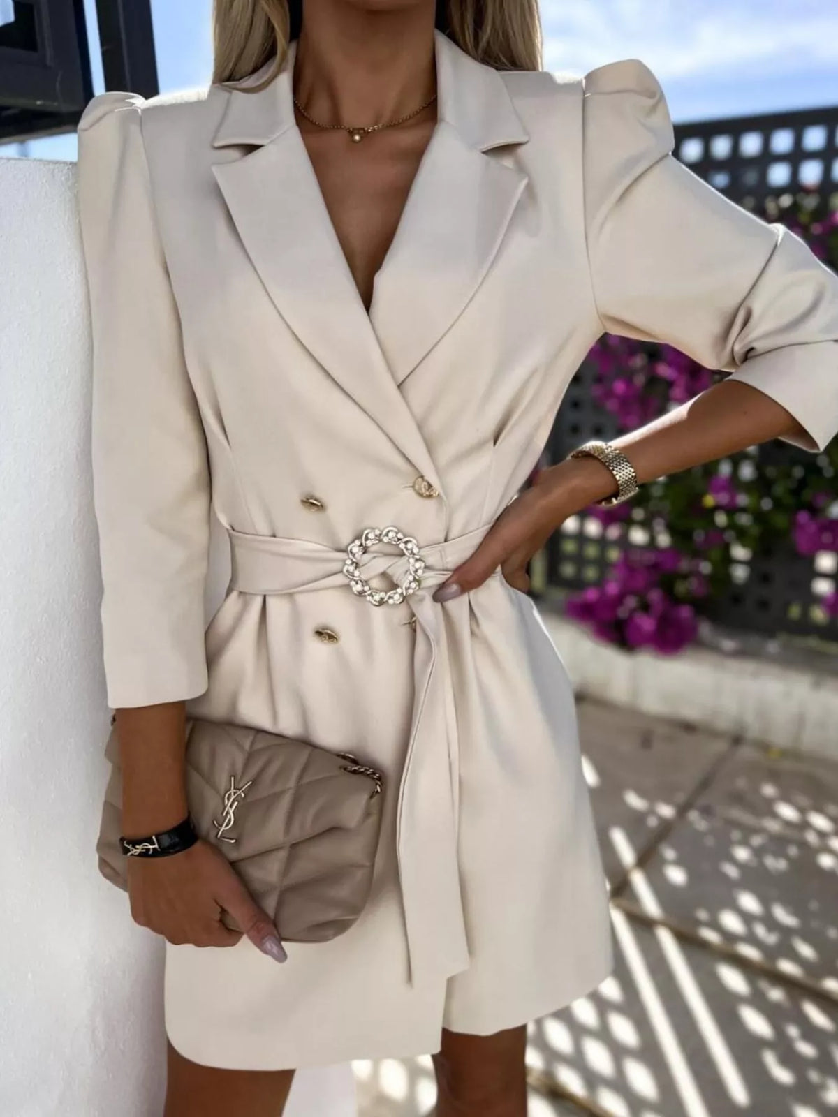 3/4-Sleeve Belted Blazer Dress