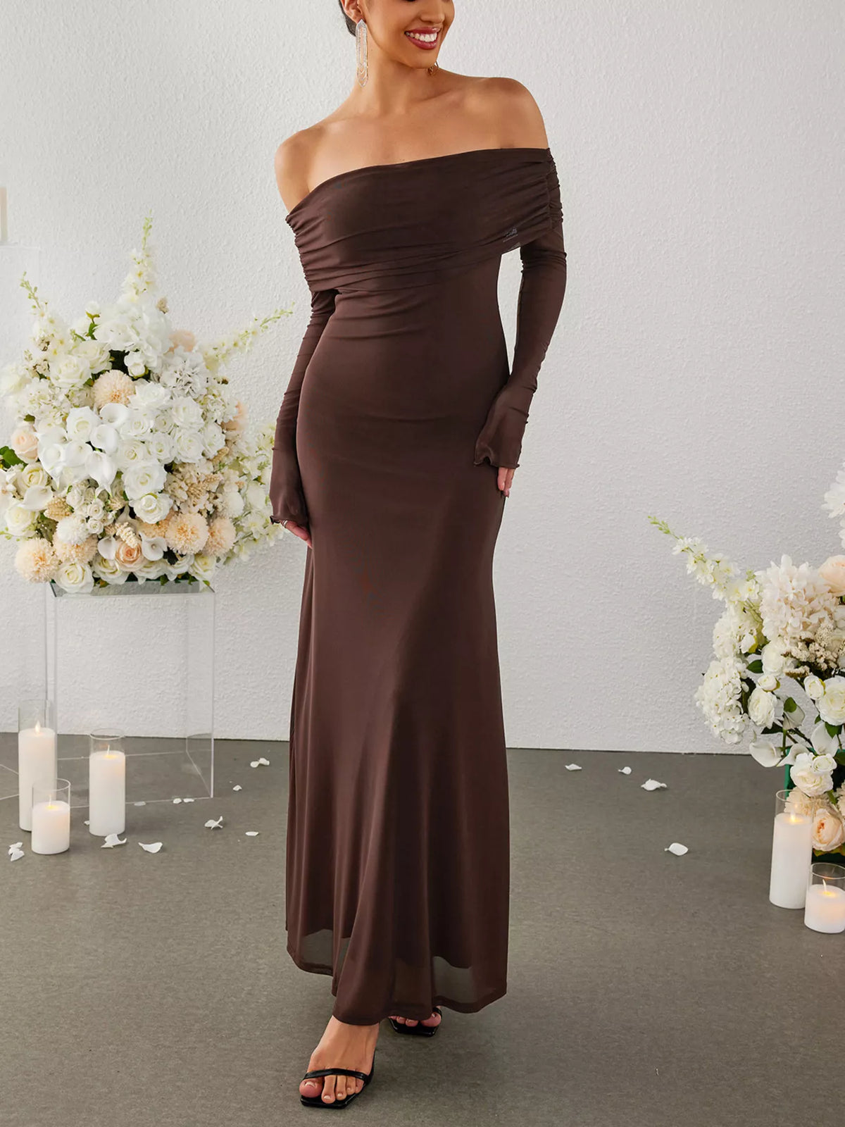 Off-Shoulder Ruched Long Sleeve Maxi Dress