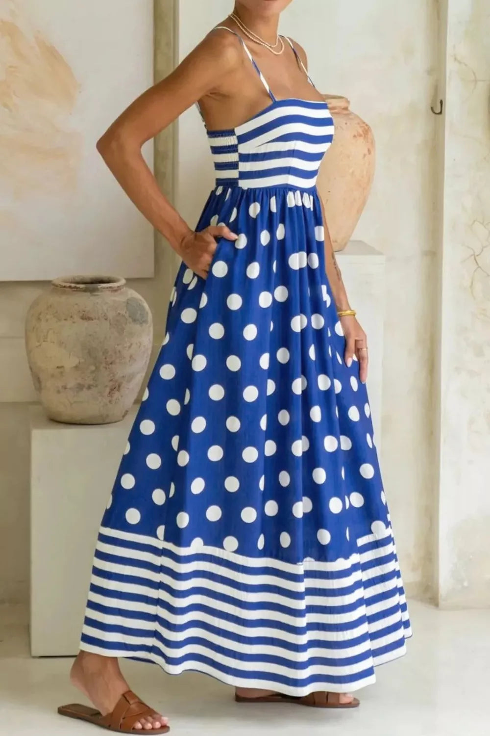Patchwork Spaghetti Strap Maxi Dress in Navy