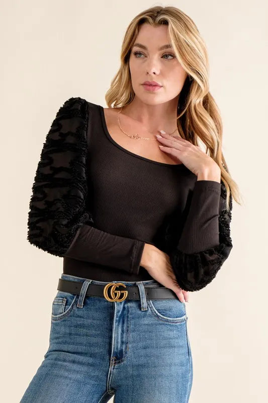And The Why Puff Sleeve Bodysuit in Black