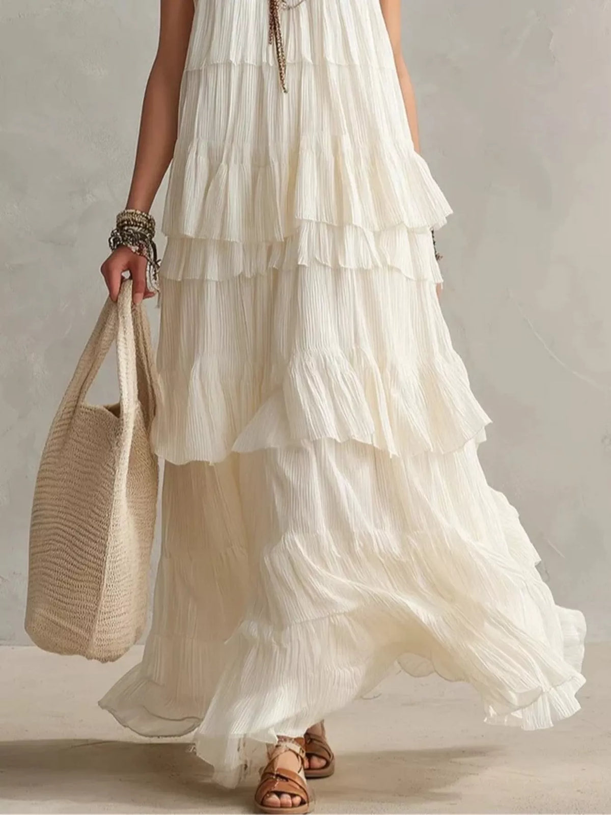 Tiered Ruffle Maxi Dress in White by Yvette