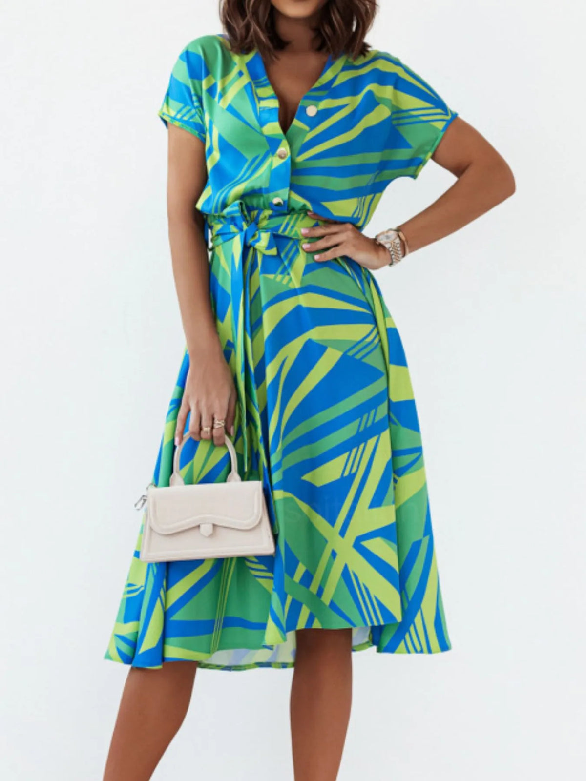 Printed Button-Front Midi Dress with Belt