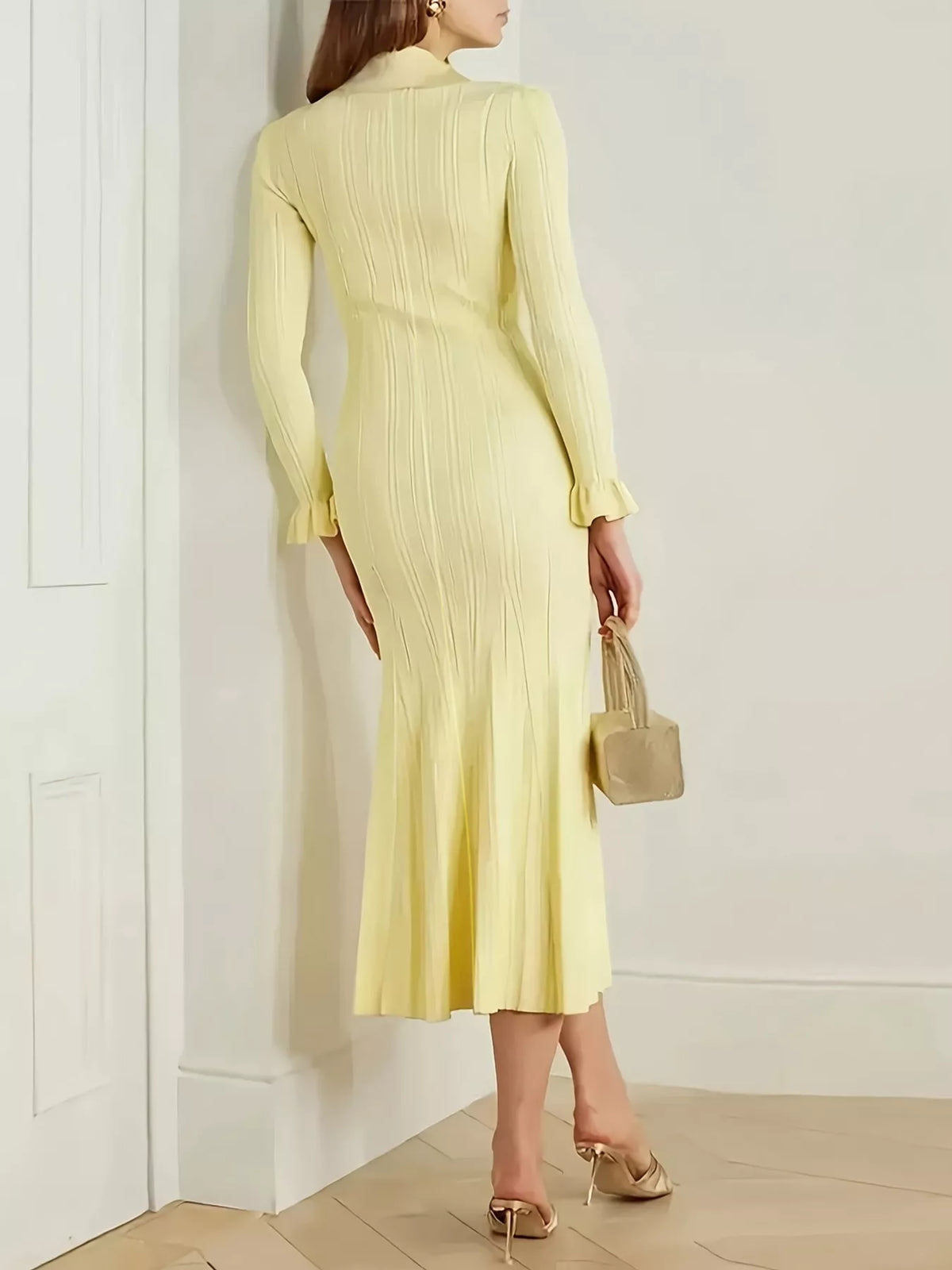 Button-Down Flounce Sleeve Sweater Dress in Pastel Yellow