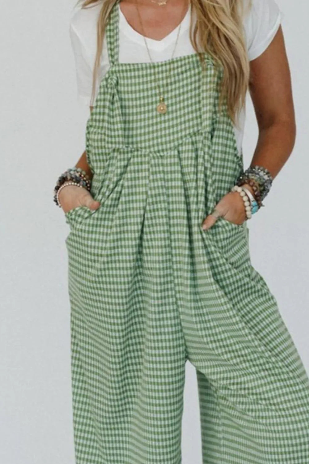 Gingham Wide-Leg Overalls in Lime