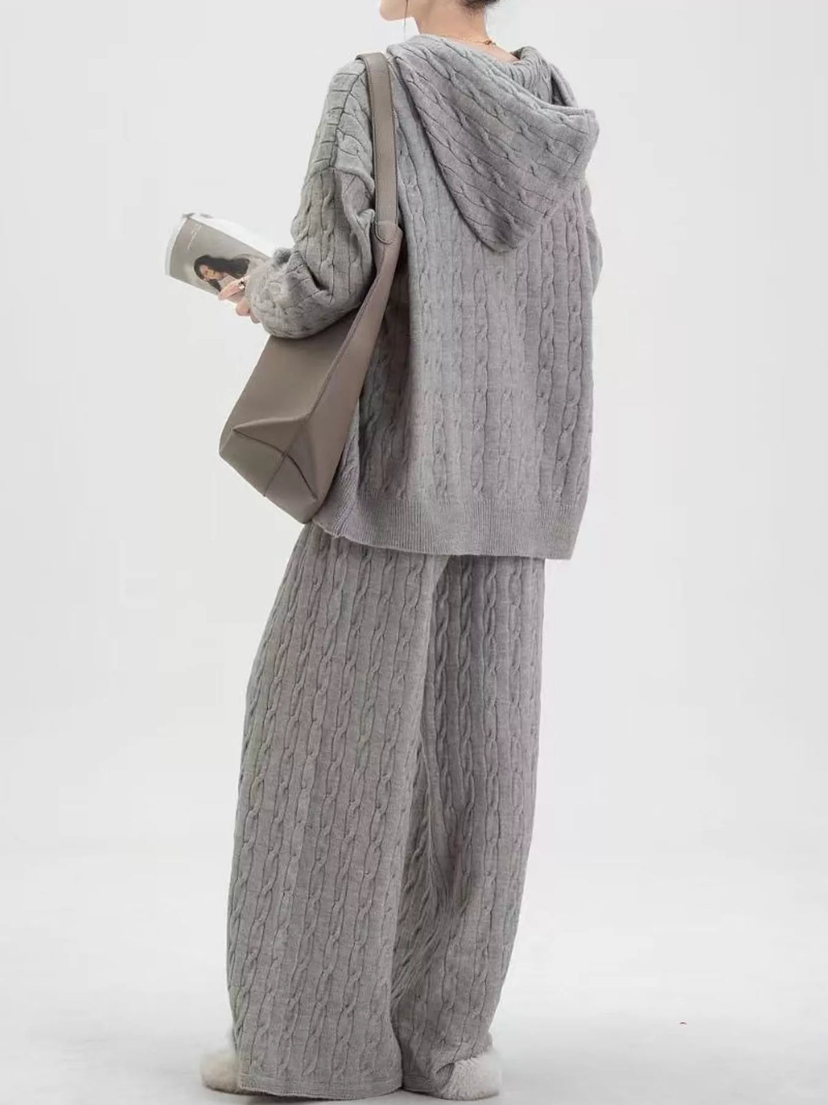 Cable Knit Zip-Up Hooded Cardigan and Wide-Leg Pants Set
