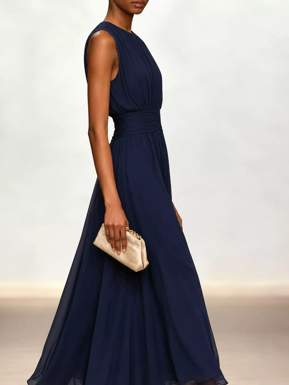 Sleeveless Ruched Chiffon Maxi Dress