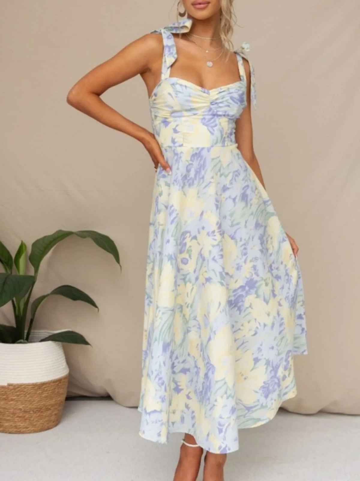 Tie-Shoulder Sweetheart Neck Summer Dress