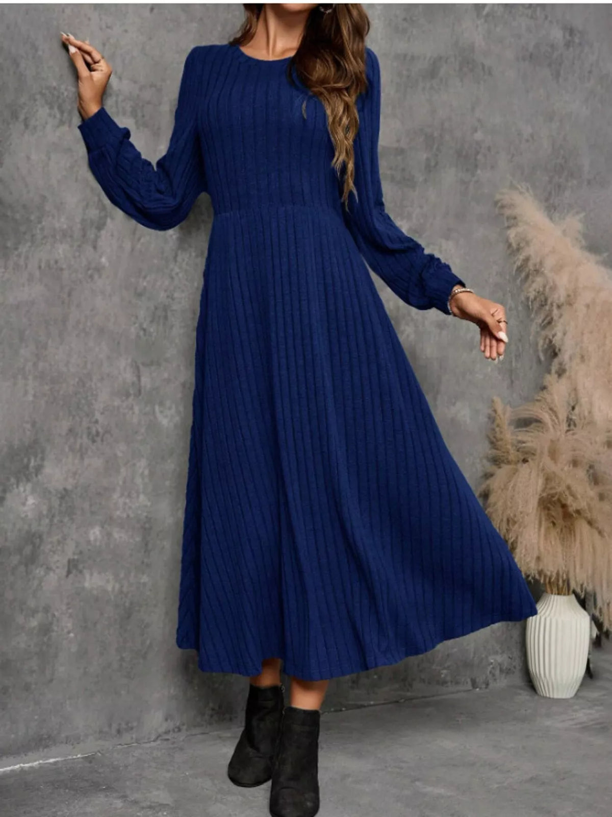 Ribbed Knit A-Line Midi Dress