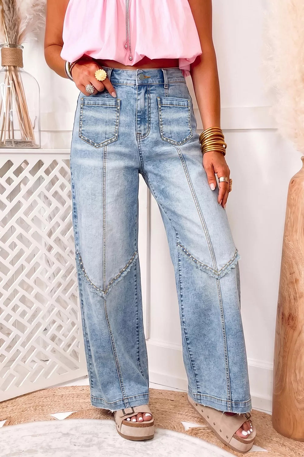 Studded Wide-Leg Jeans in Light Blue