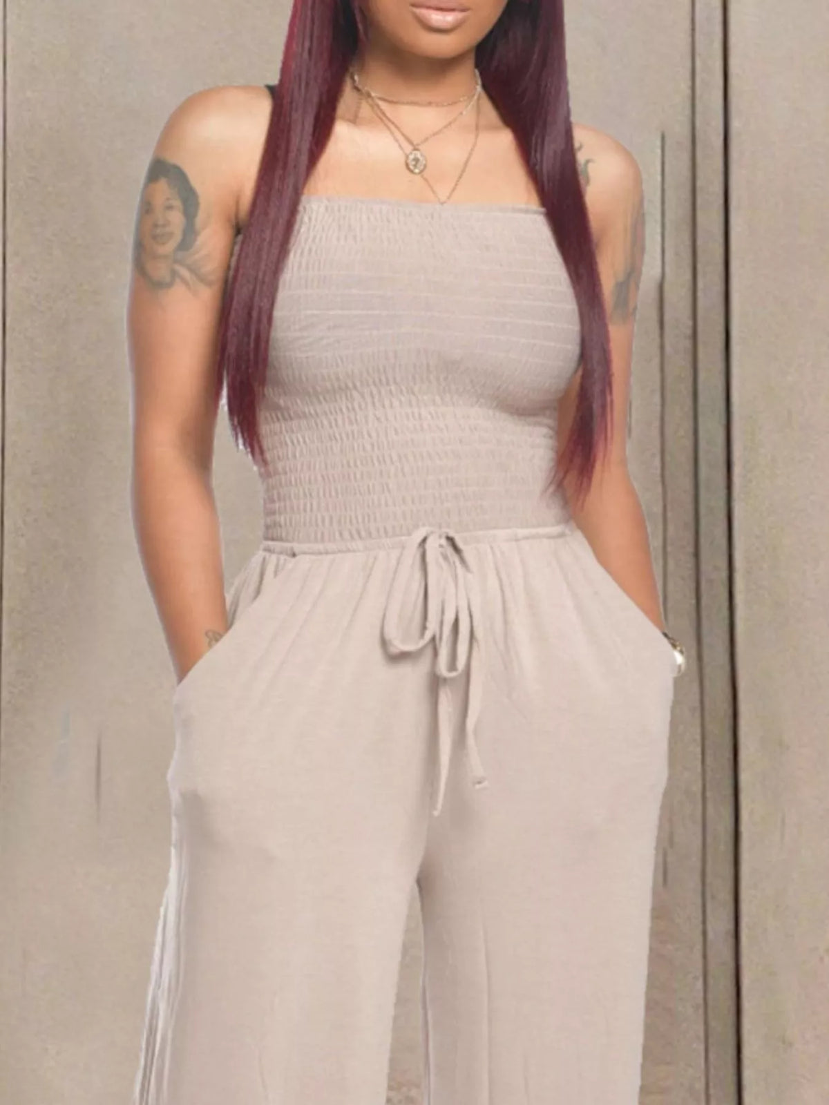 Smocked Strapless Wide-Leg Jumpsuit