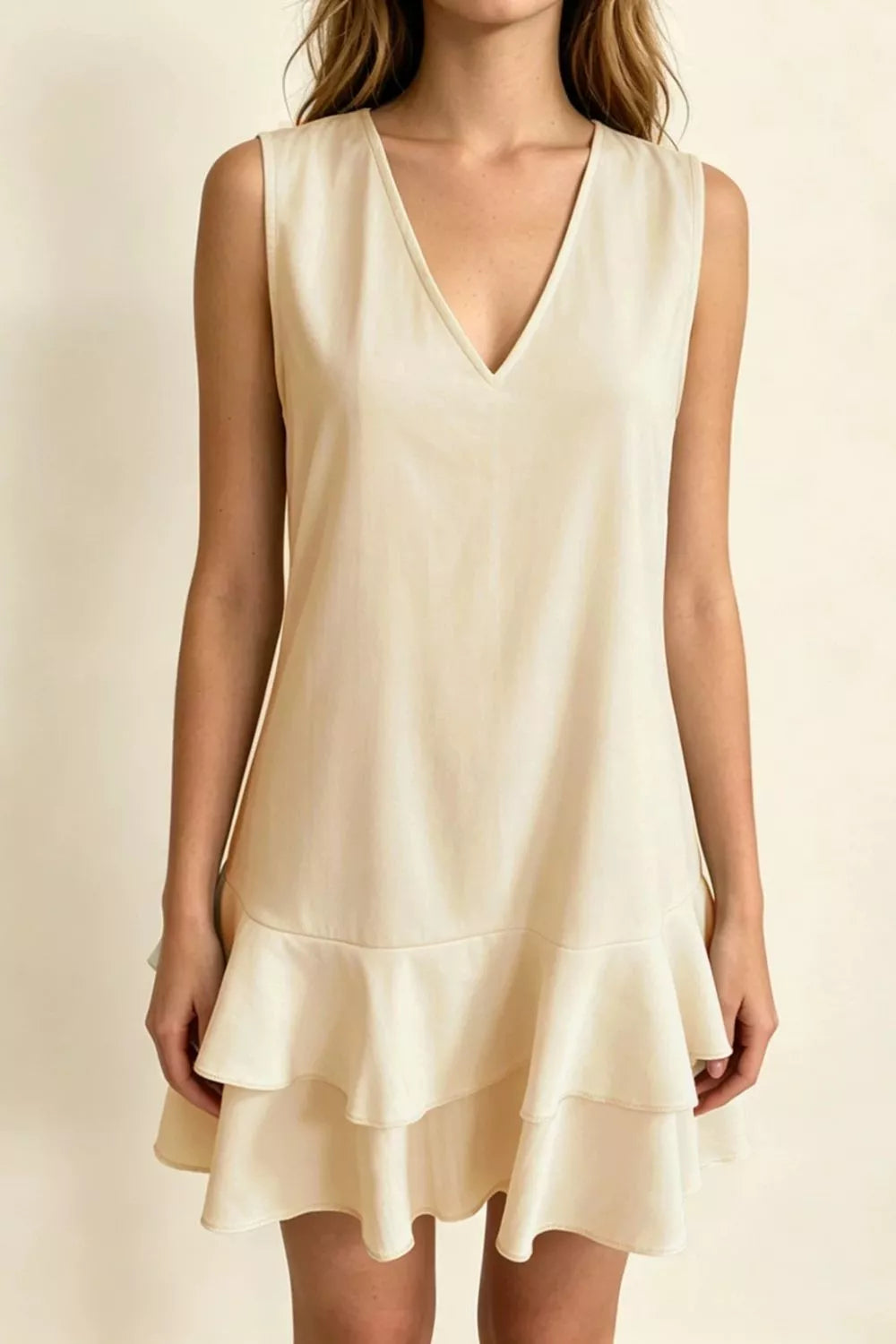 Sleeveless V-Neck Ruffle Hem Mini Dress in Beige