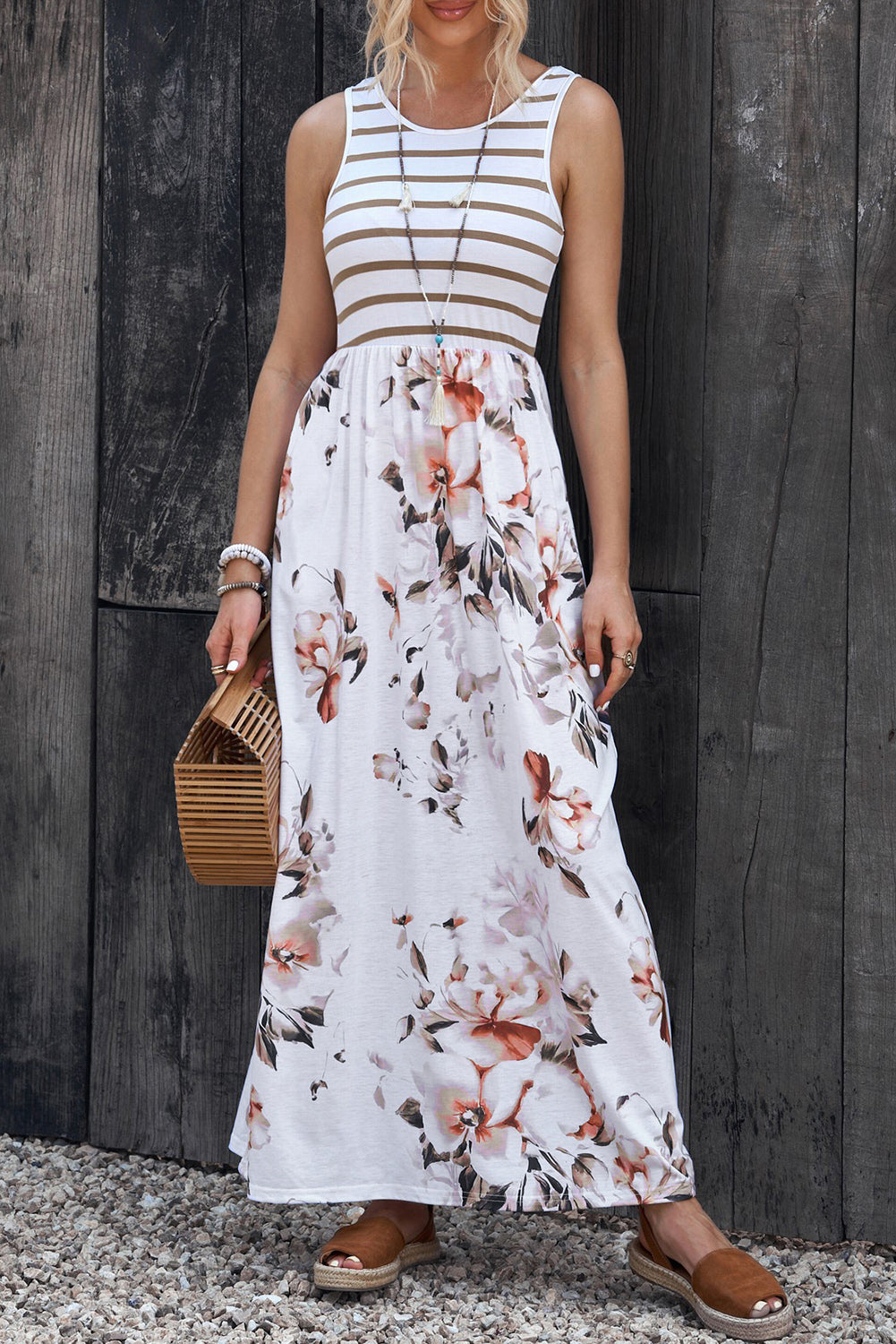 Striped Floral Round Neck Maxi Dress