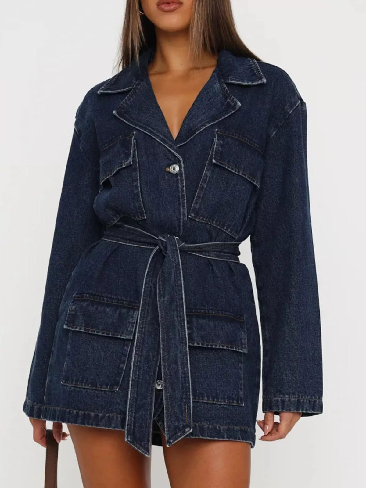 Belted Longline Denim Jacket in Dark Blue