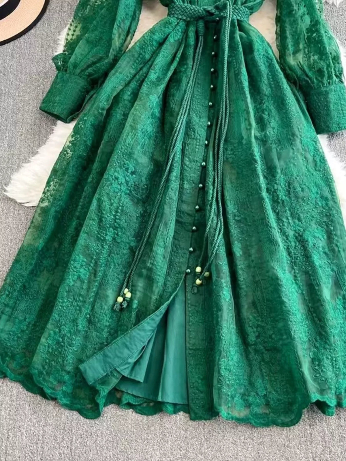 Lace Tie-Waist Long Sleeve Dress