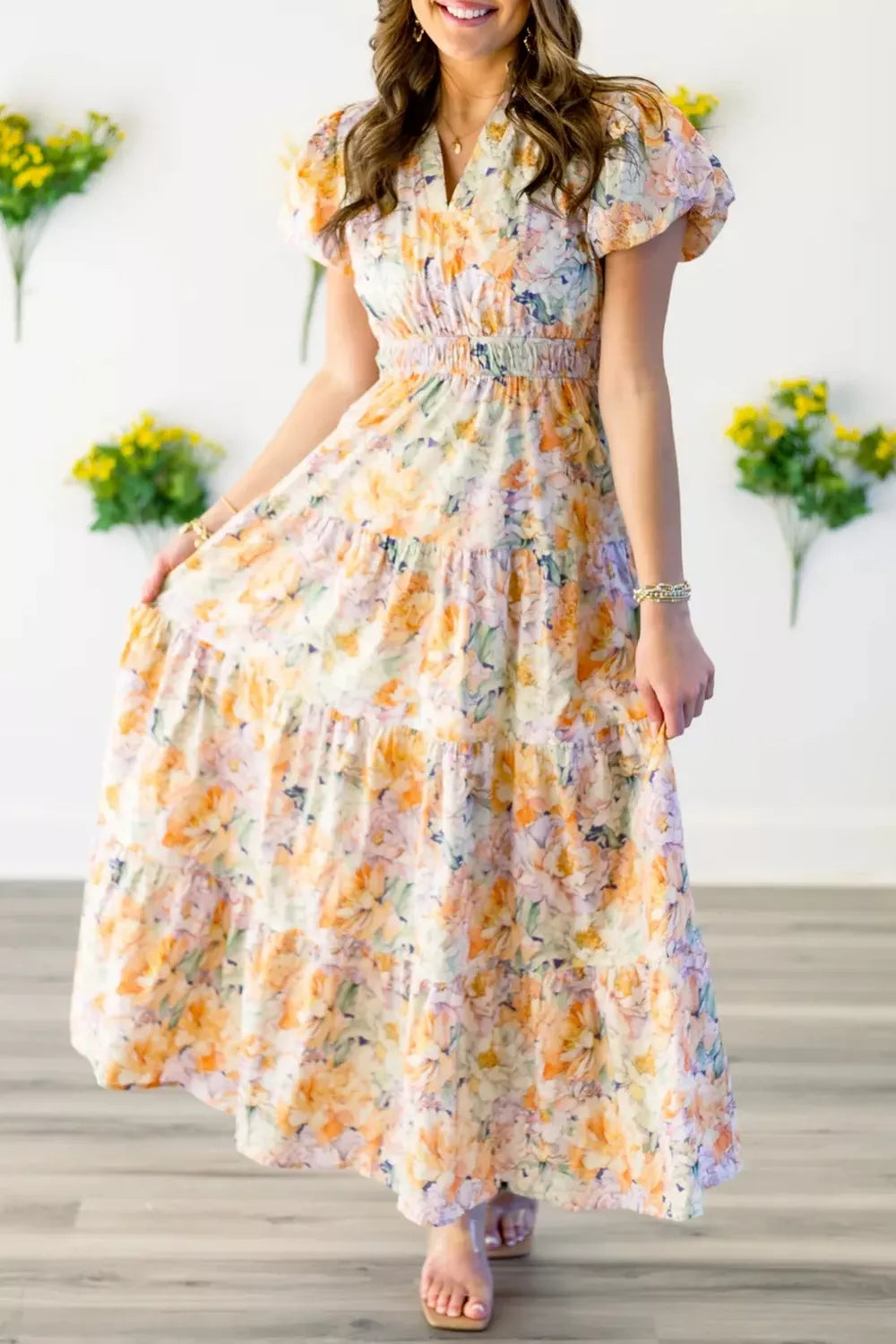 Smocked Tiered Maxi Dress in Floral