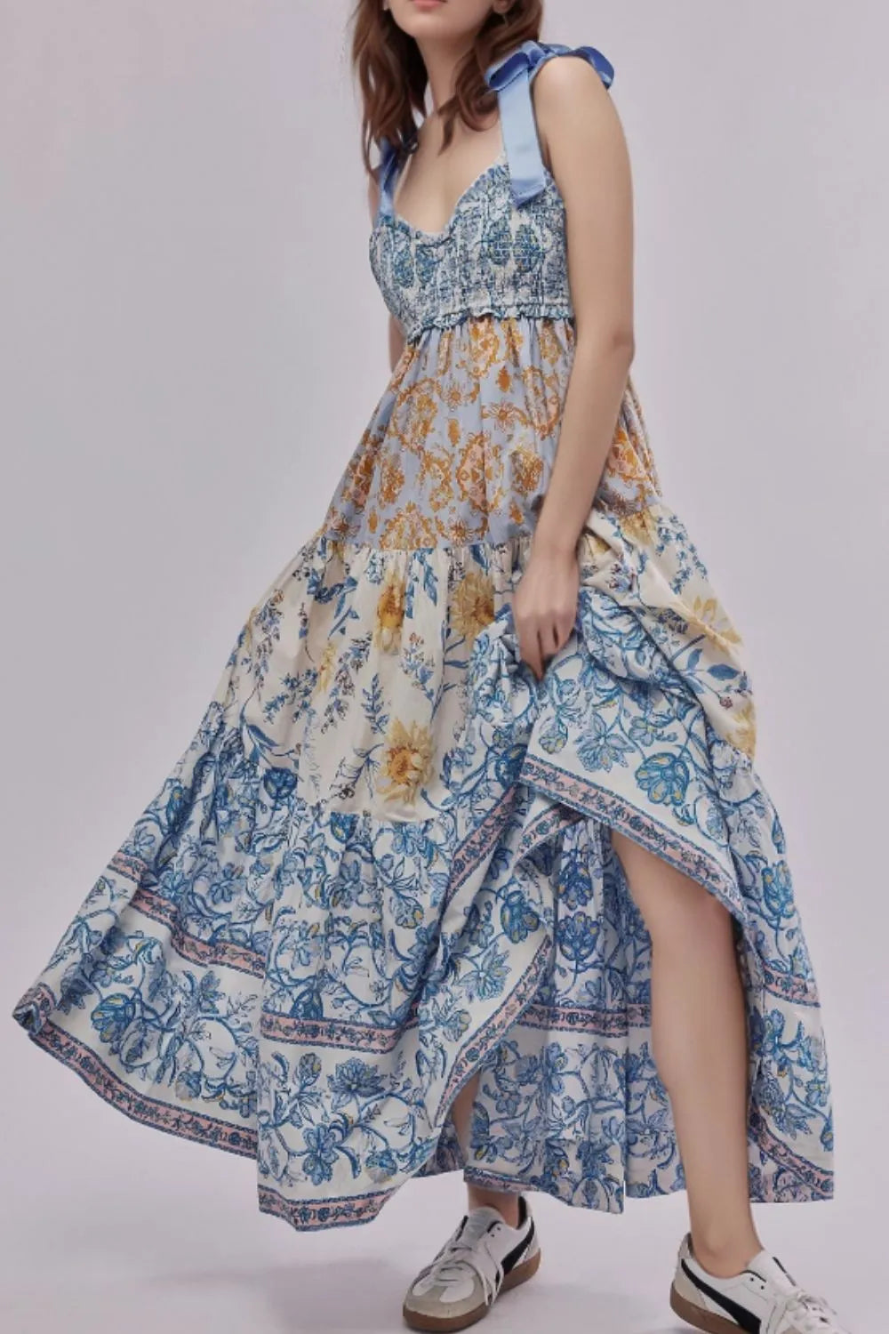 Floral Tiered Maxi Dress with Mixed Print