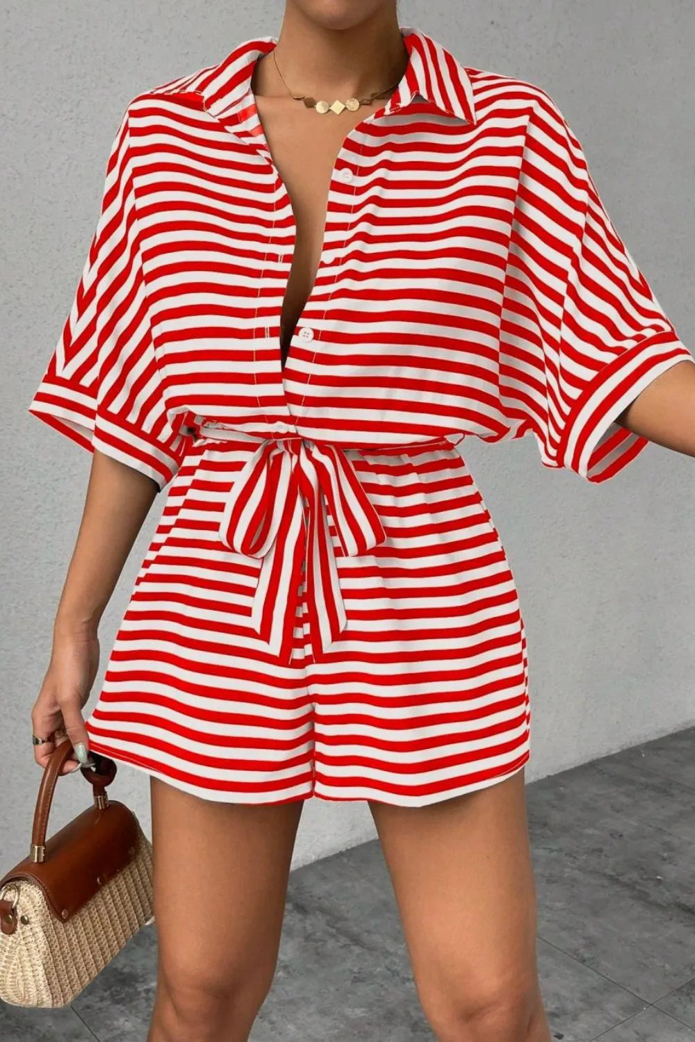 Striped Collared Tie Waist Romper