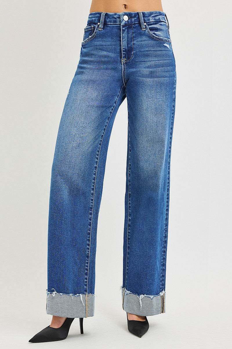 Risen High Rise Wide Leg Cuffed Jeans in Medium Wash