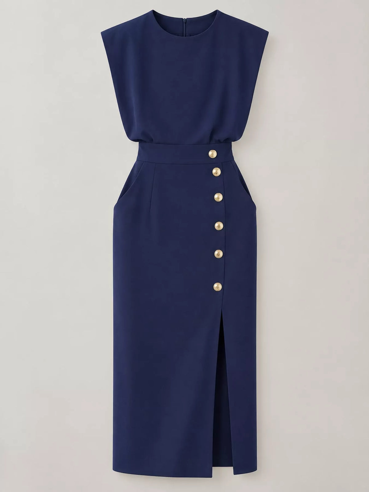 Sleeveless Midi Dress with Gold Button Detail