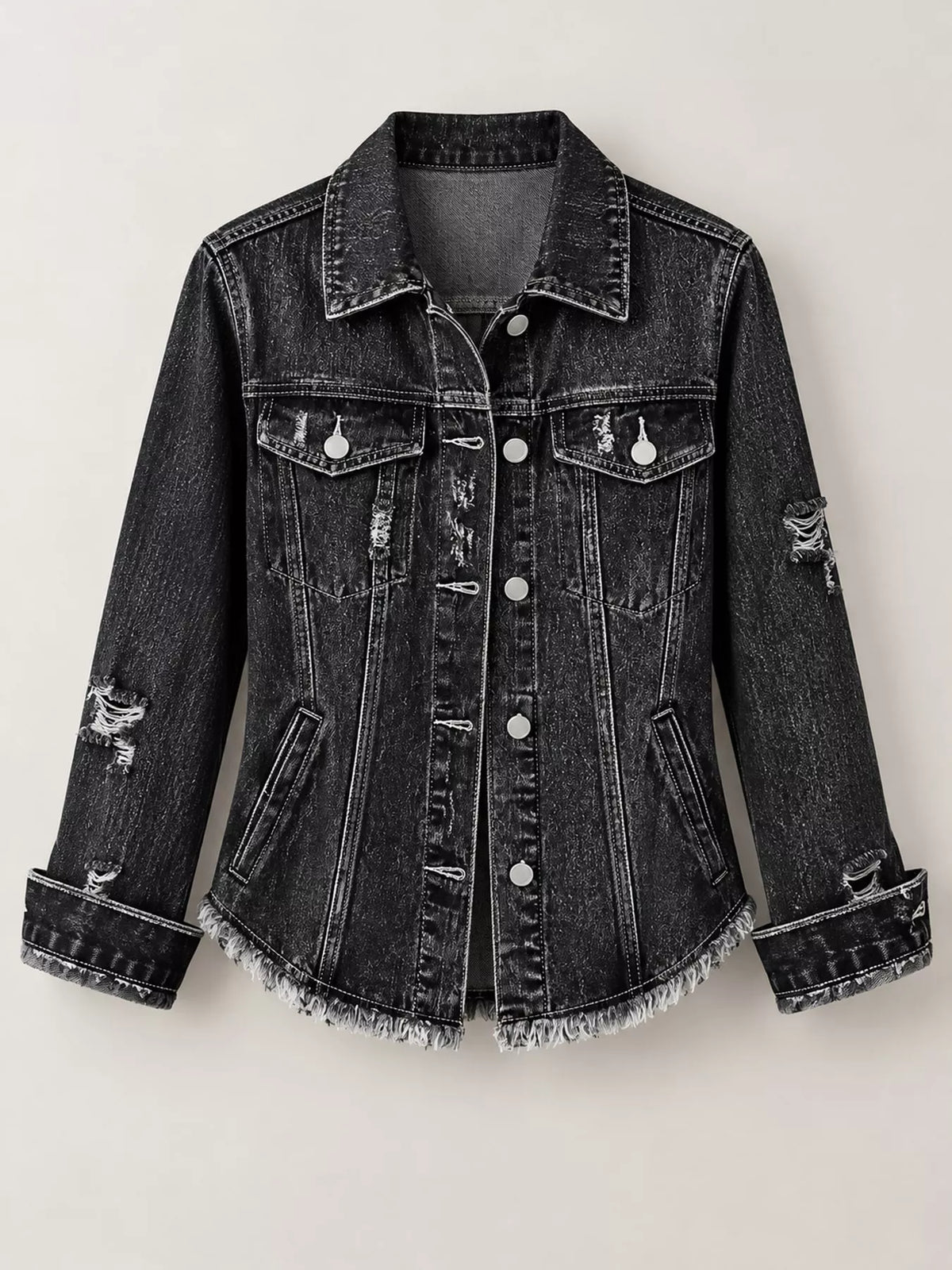 Distressed Raw Hem Denim Jacket