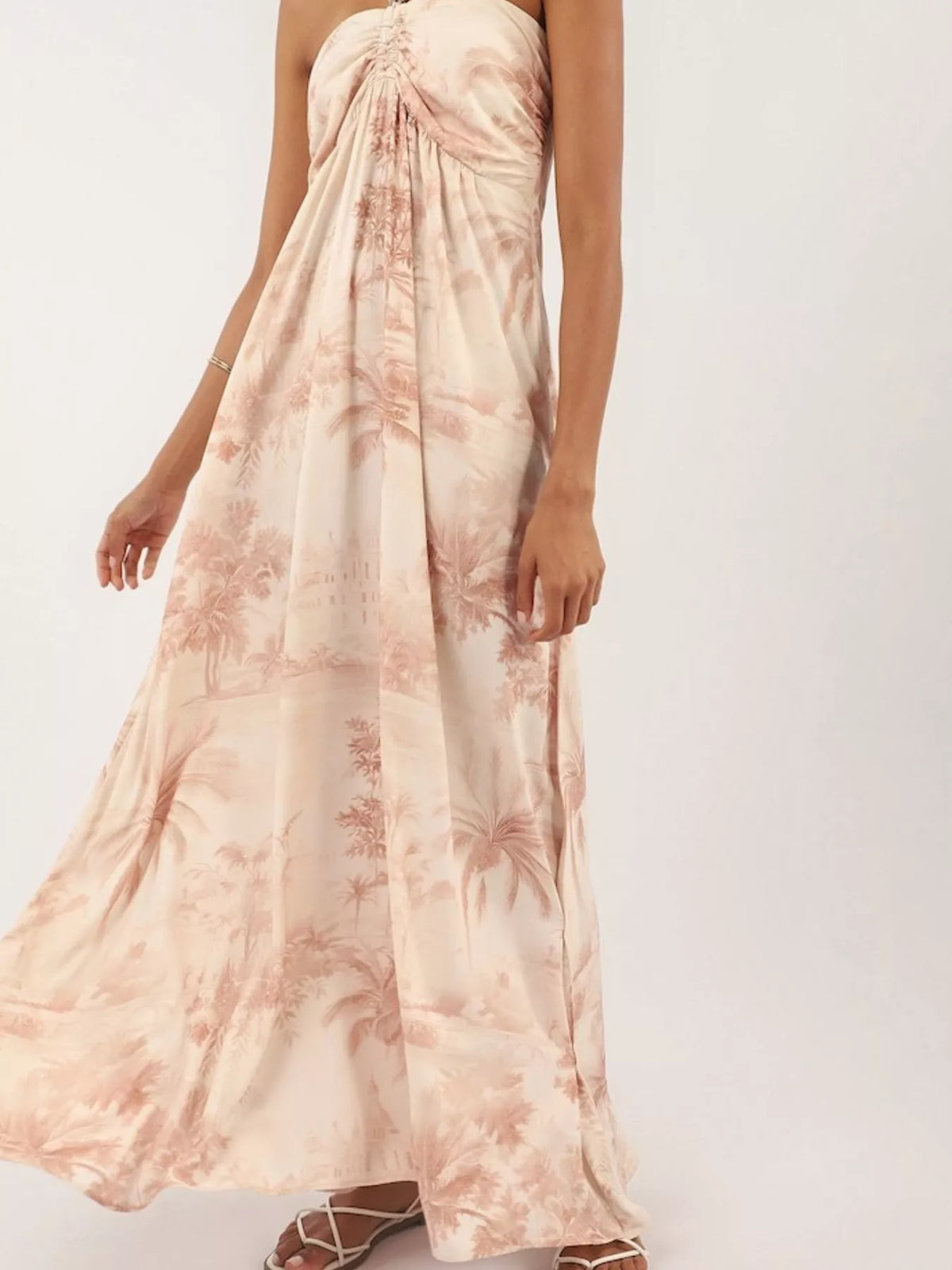 Tropical Print Halter Maxi Dress in Tan
