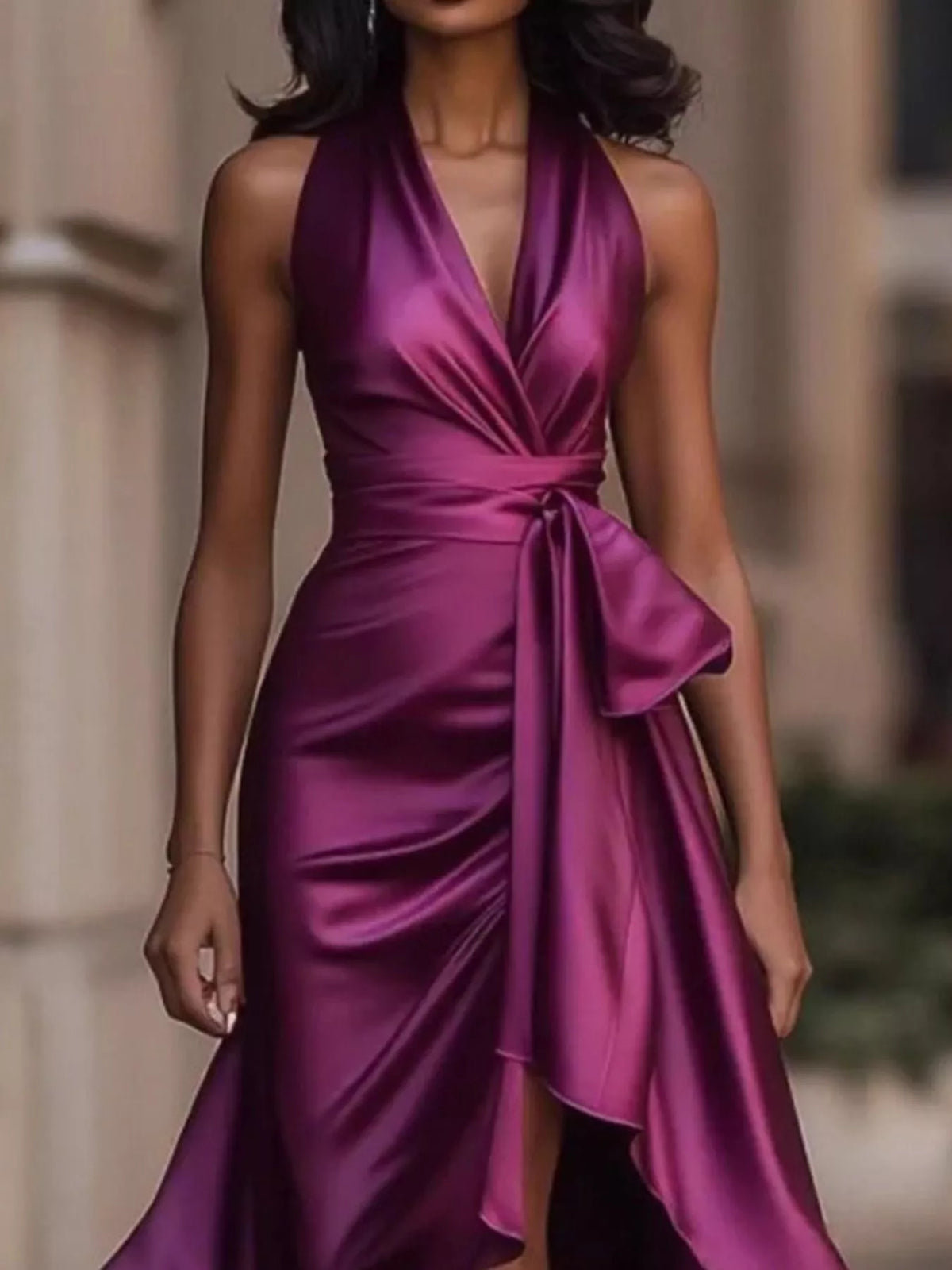 High-Low Ruffled Satin Maxi Dress