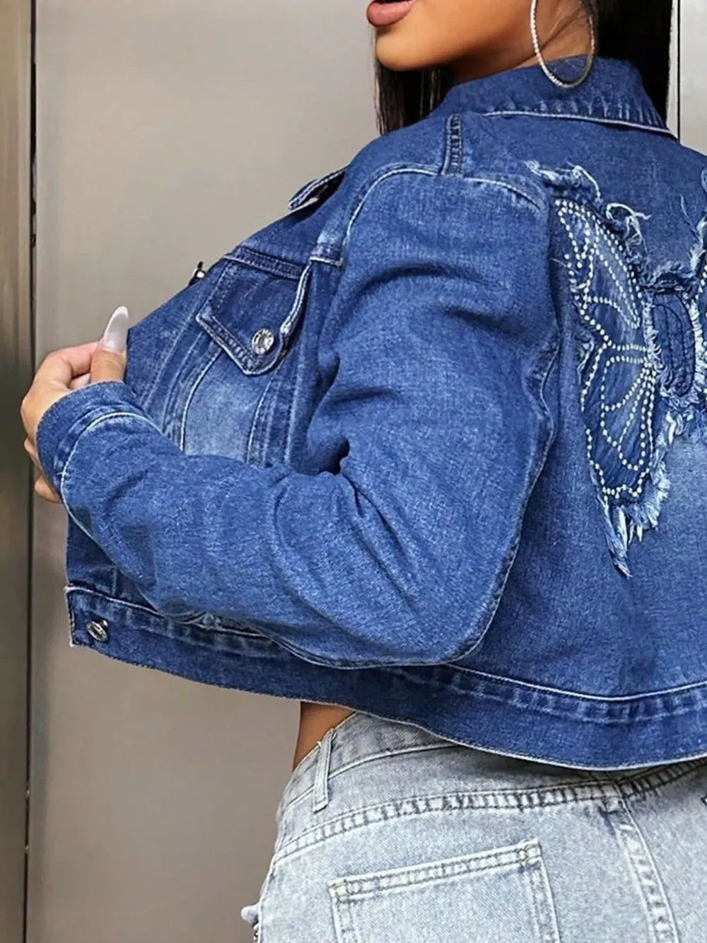Butterfly Patch Cropped Denim Top in Medium Wash