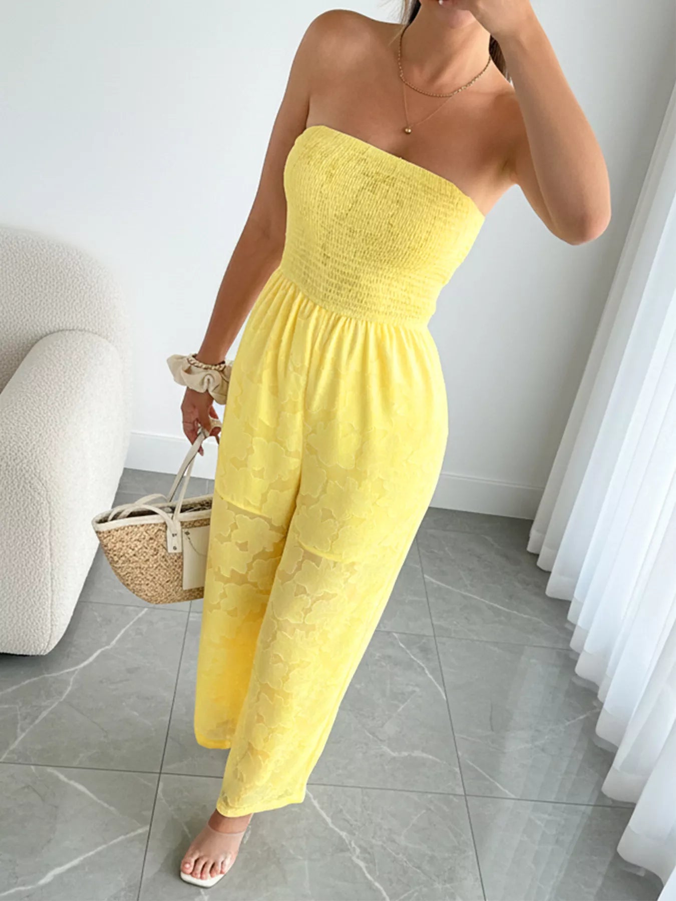 Lace Smocked Tube Jumpsuit in Yellow