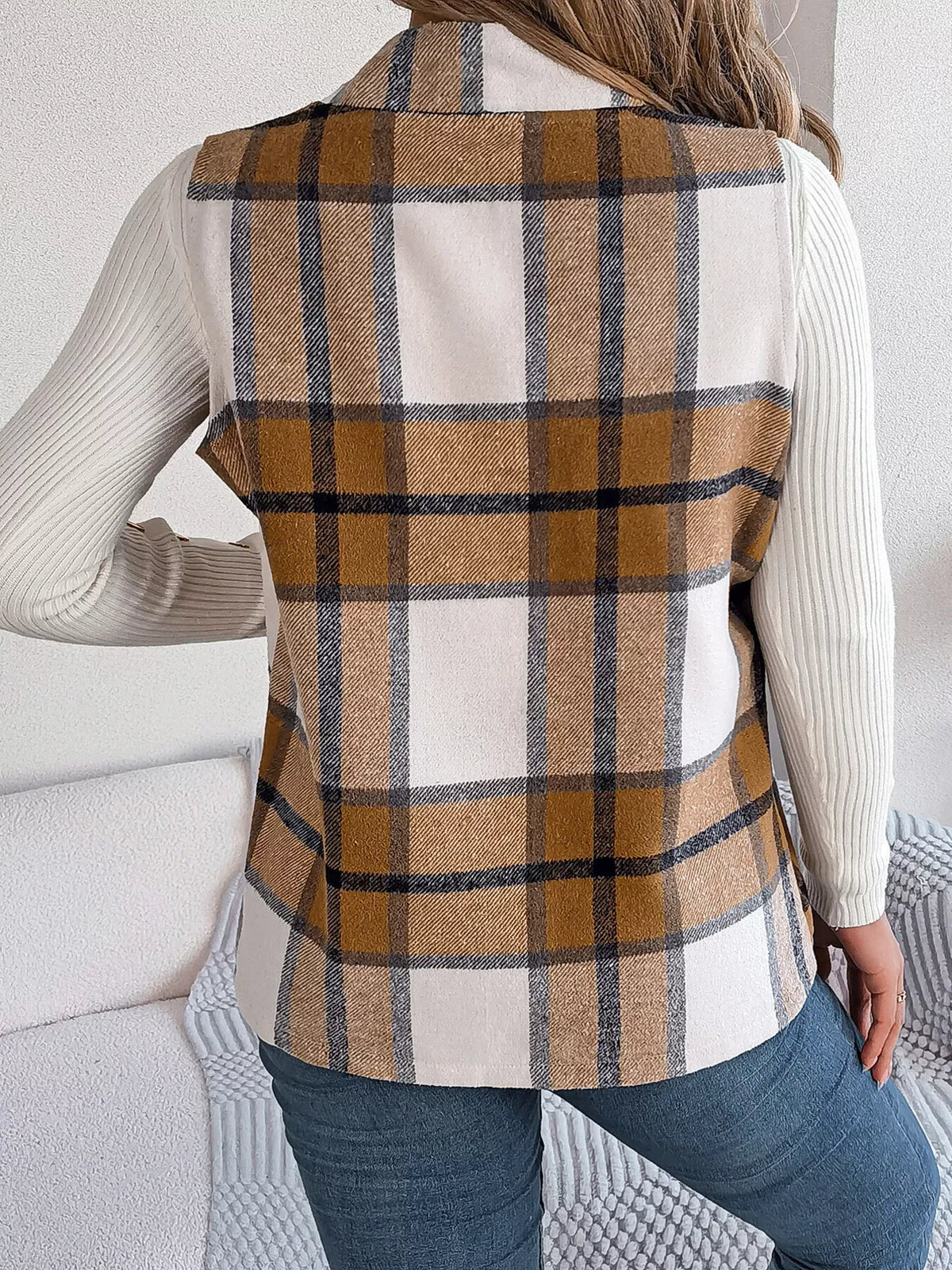 Plaid Open-Front Vest by Clise