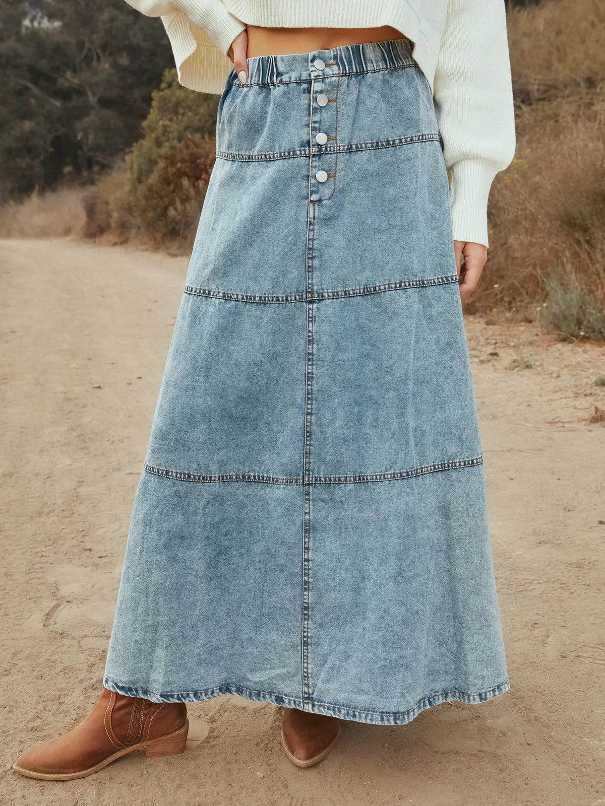 Button-Front Tiered Maxi Denim Skirt in Snow in Snow Color