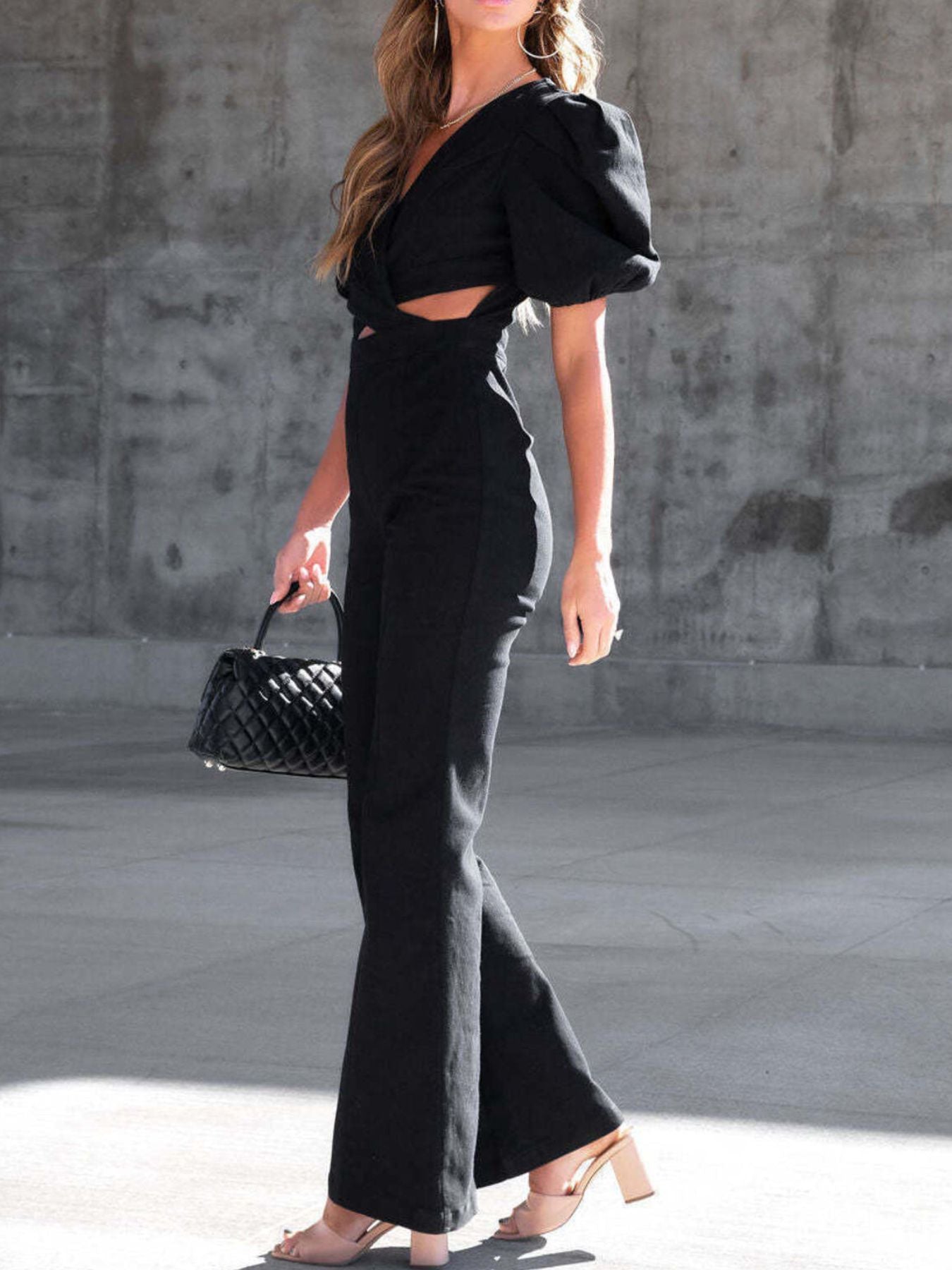 Cutout Puff Sleeve Denim Jumpsuit by Yolan House