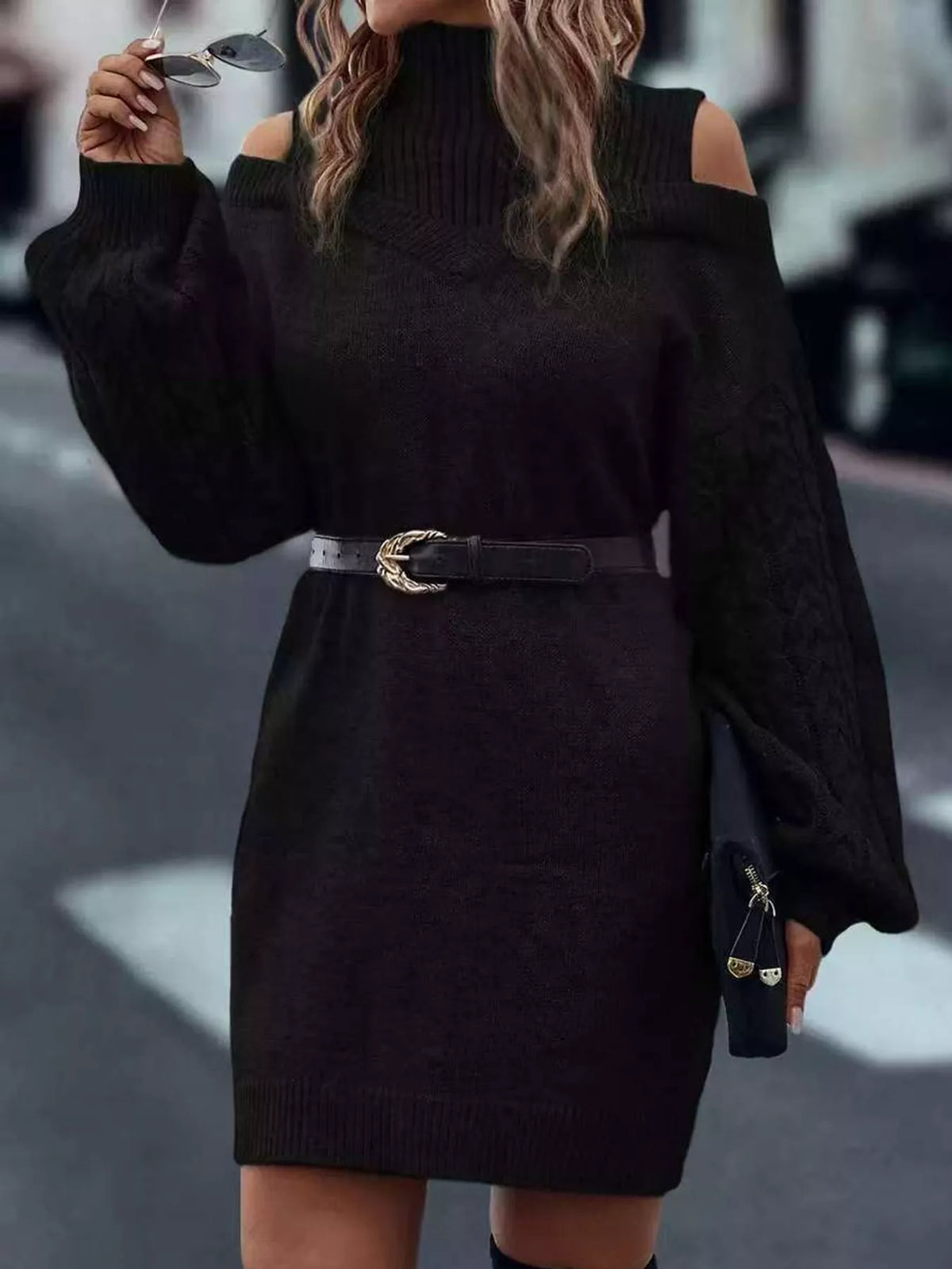 Cable-Knit Cold-Shoulder Mock-Neck Sweater Dress
