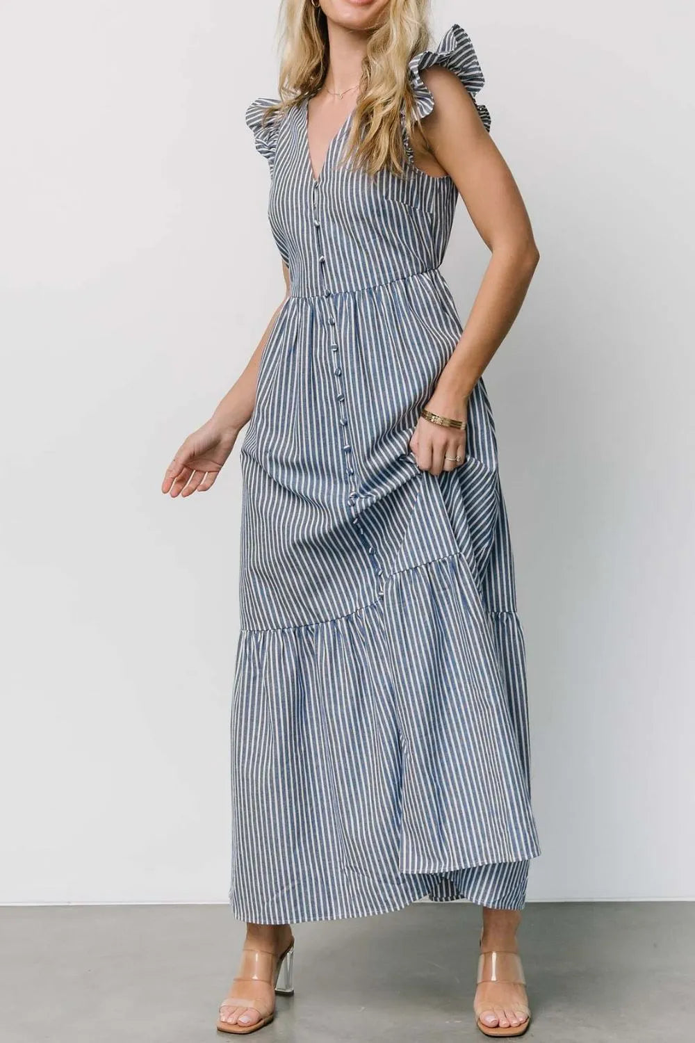 Striped V-Neck Ruffled Cap Sleeve Dress