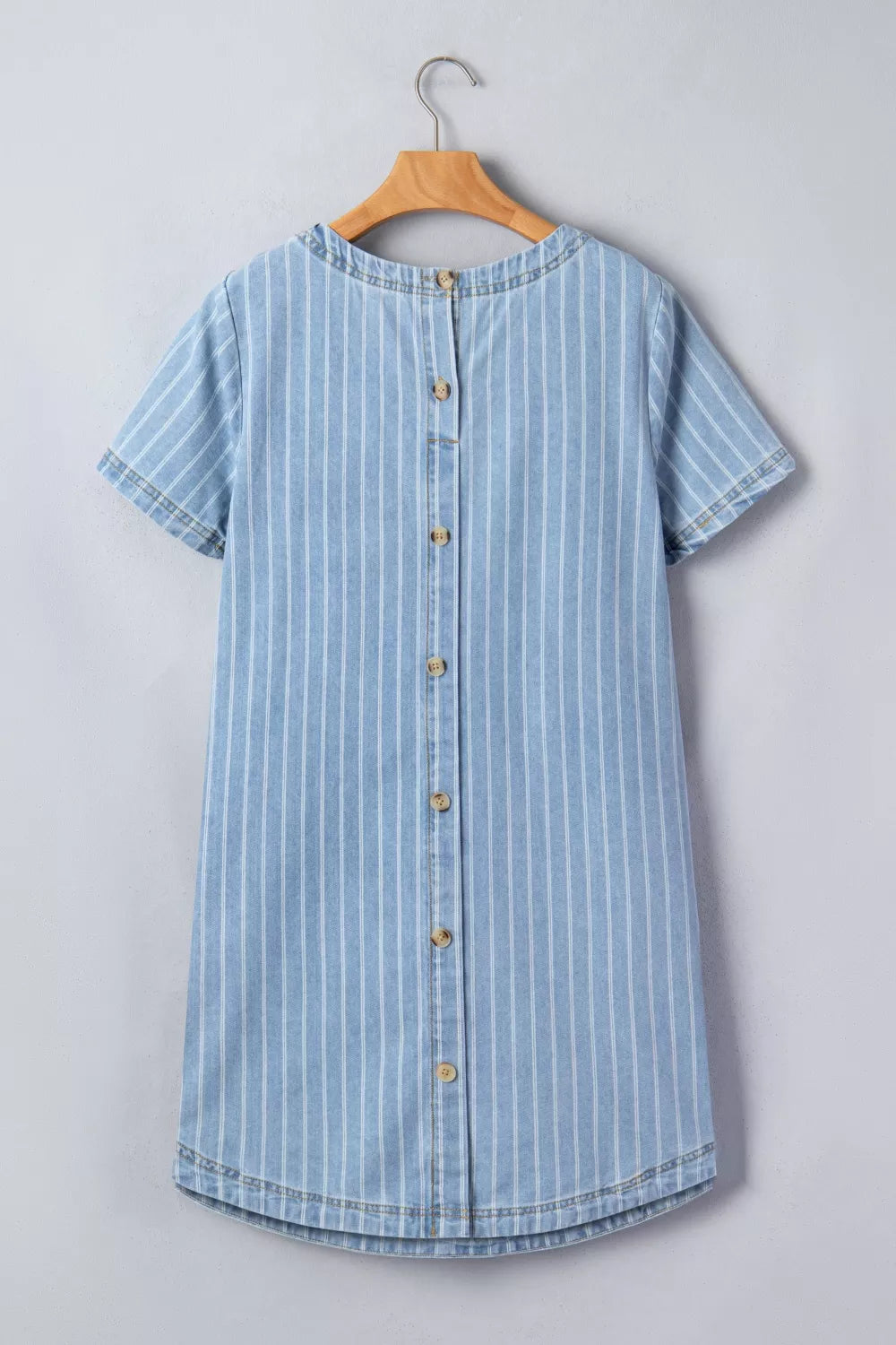 Striped Buttoned-Back Denim Mini Dress in Light Blue