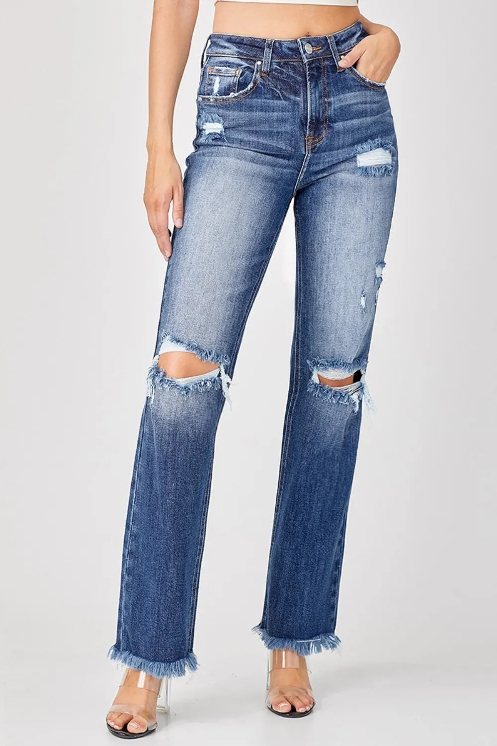 Risen Raw-Hem Distressed Straight Jeans in Deep Blue