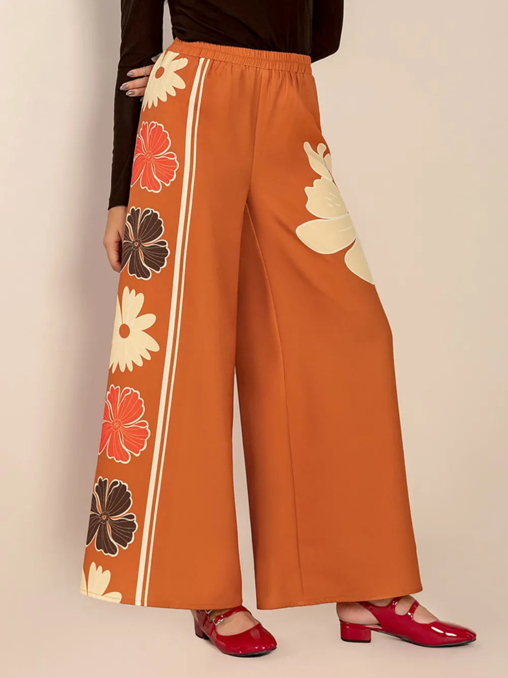 Printed Elastic Waist Wide Leg Pants in Tangerine