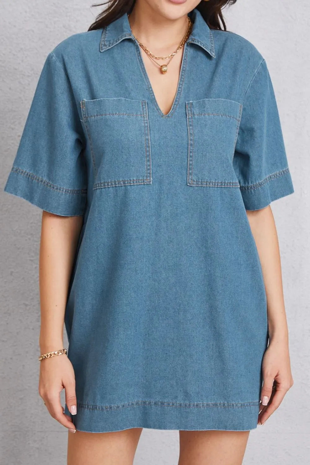 Pocketed Collared Mini Denim Dress in Medium Wash by Y.Y@Denim