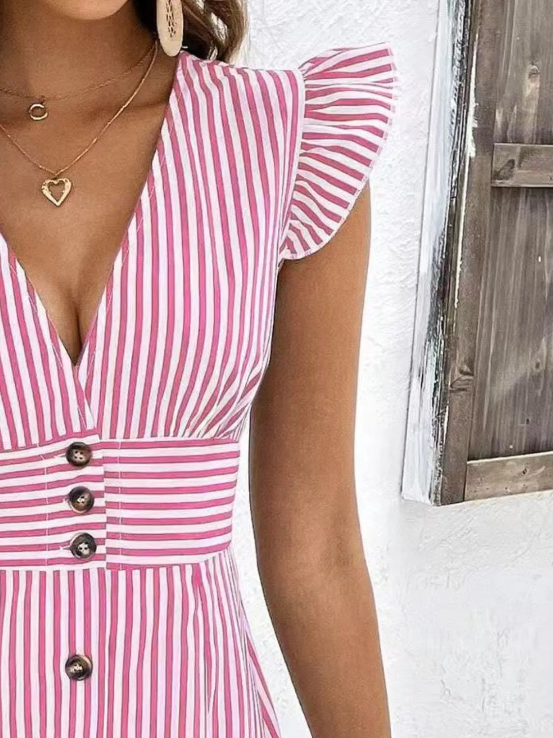 Striped Button-Front Cap Sleeve Dress