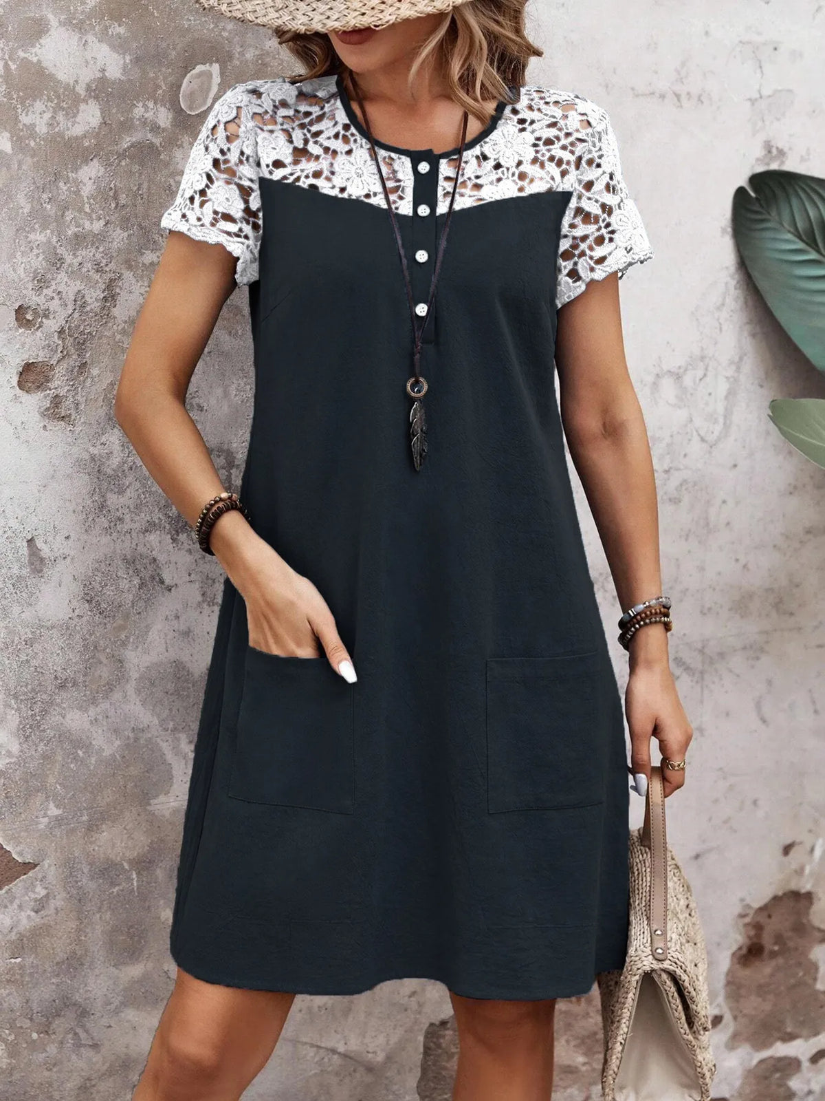 Round Neck Lace Mini Dress with Buttons