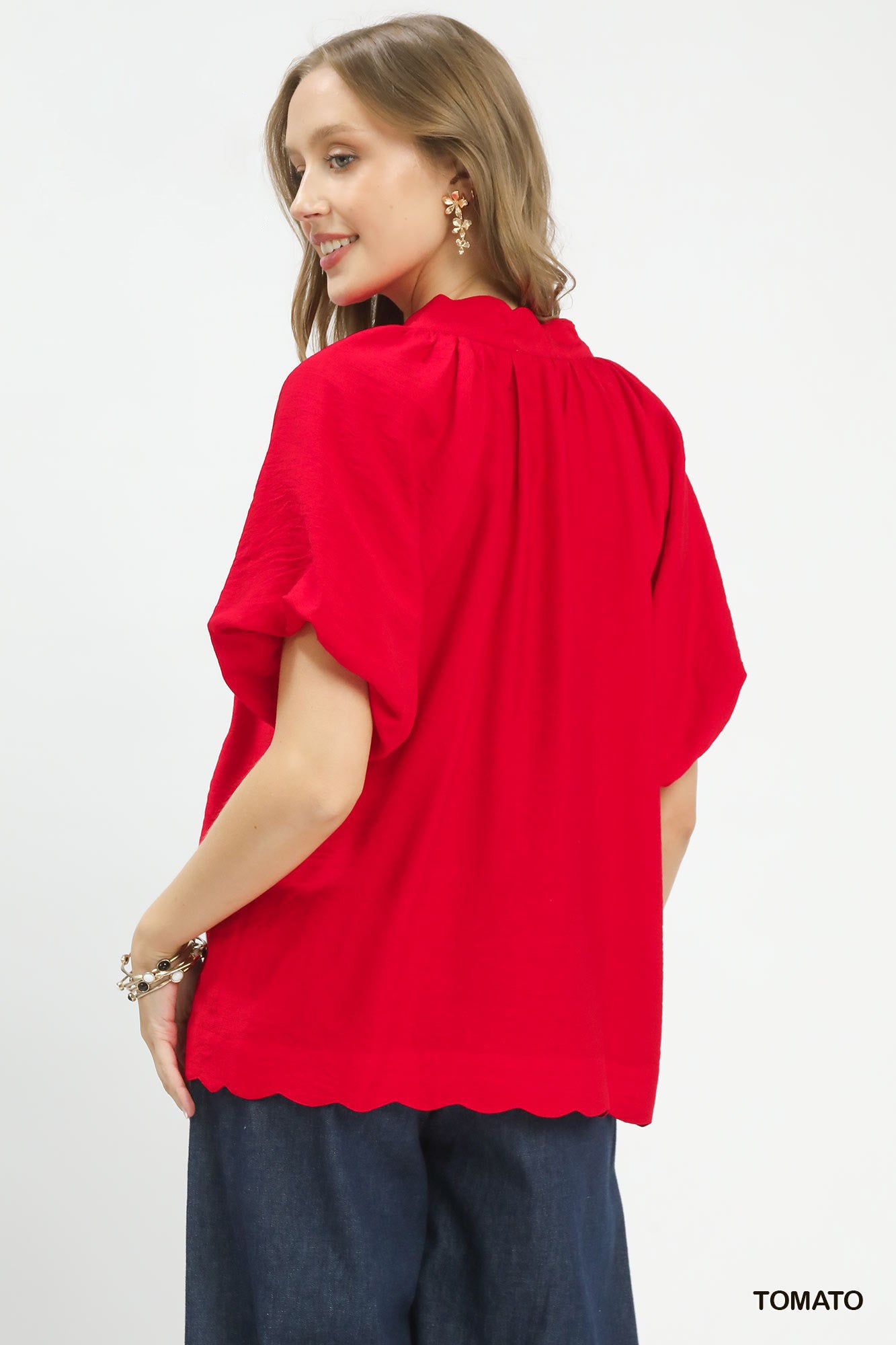 Umgee Floral Embroidered Hem Blouse in Tomato