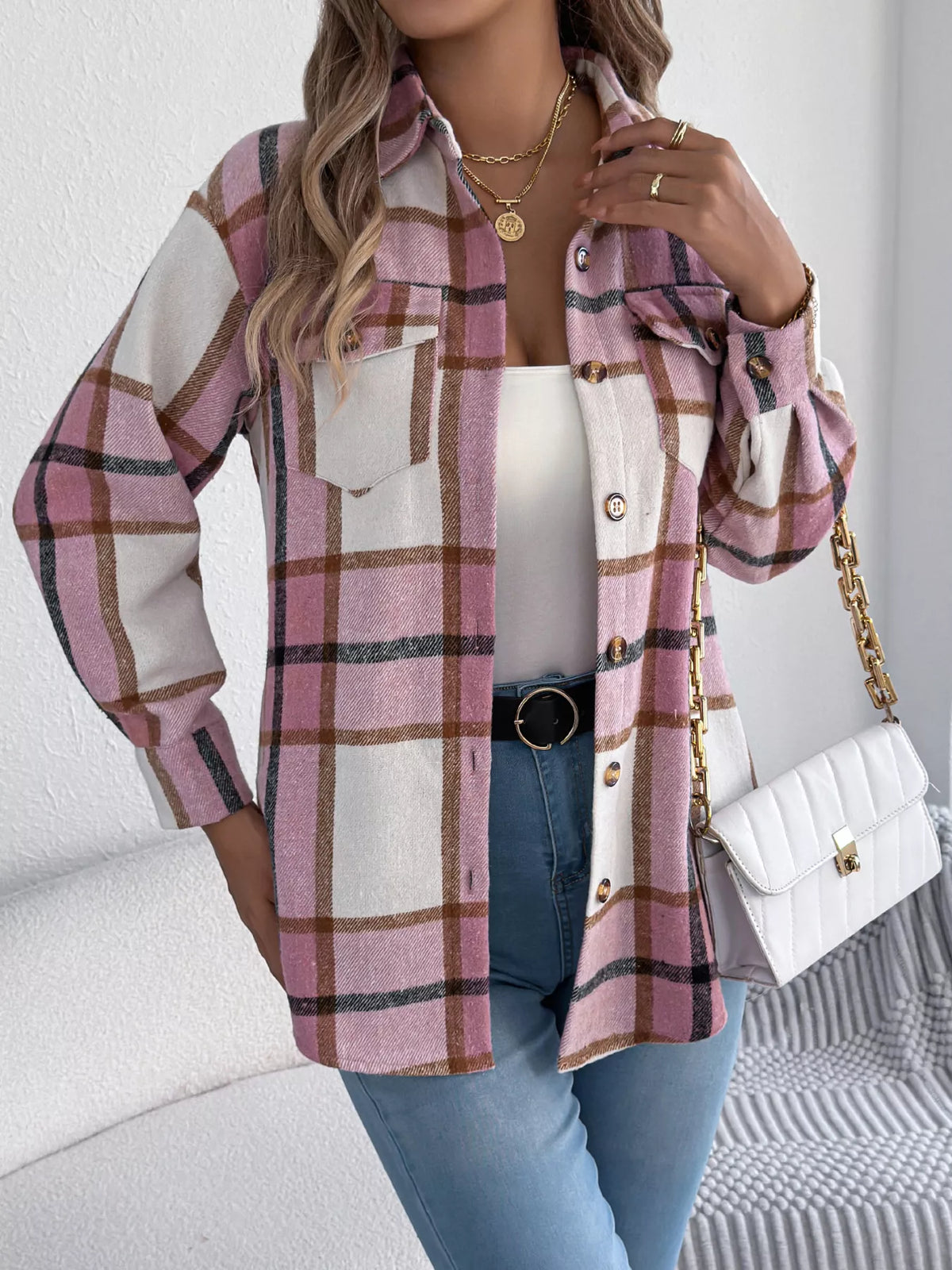 Plaid Button-Down Shacket by Clise