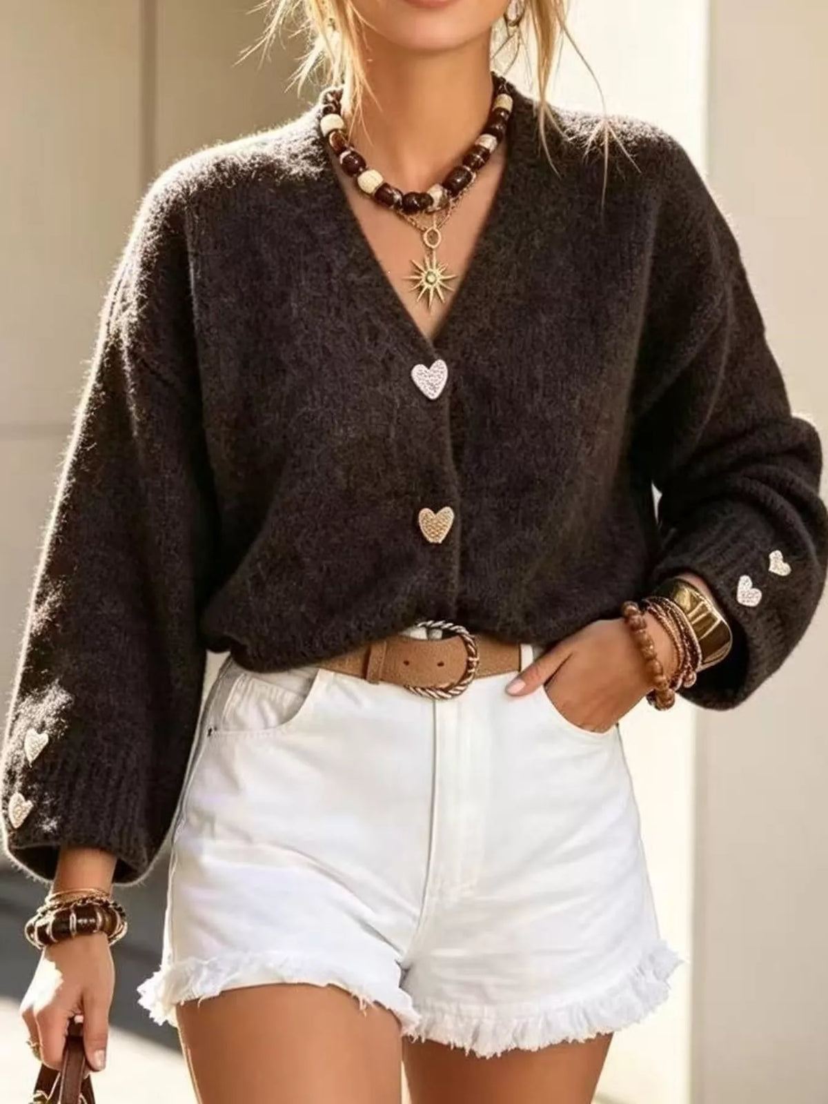 V-Neck Heart-Shaped Button Cardigan