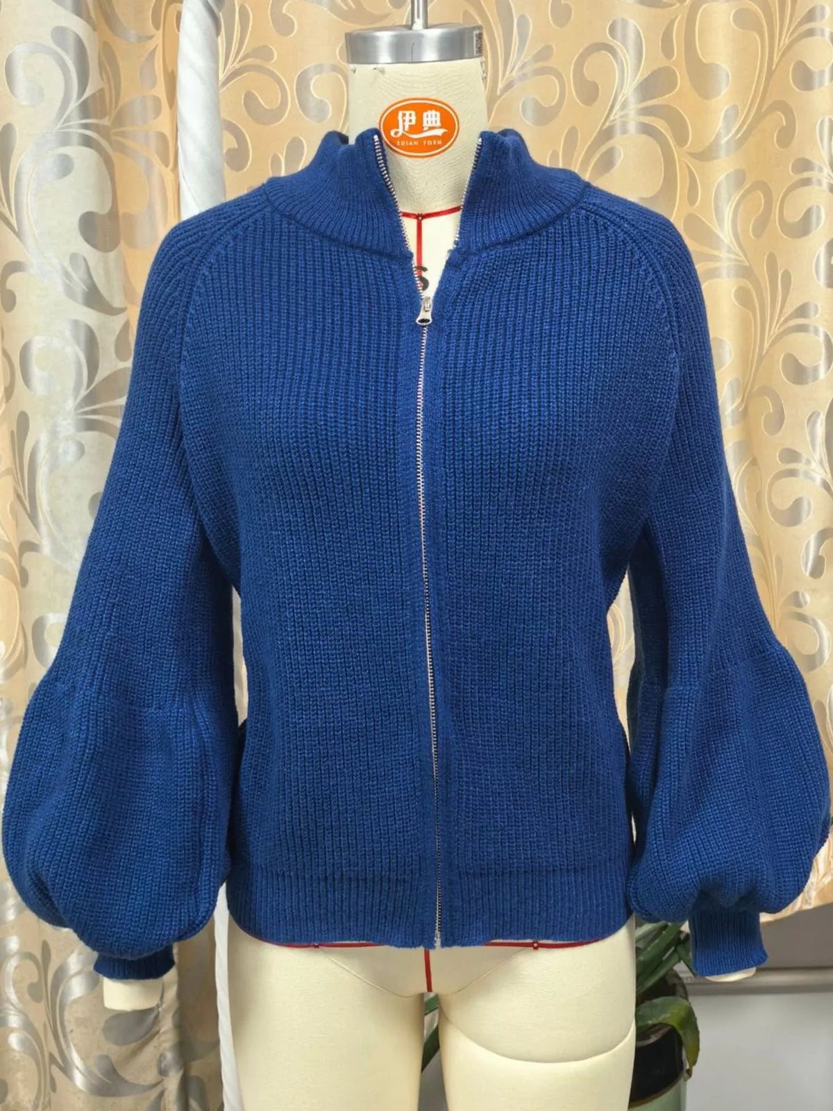 Ribbed Knit Zip-Up Cardigan with Lantern Sleeves