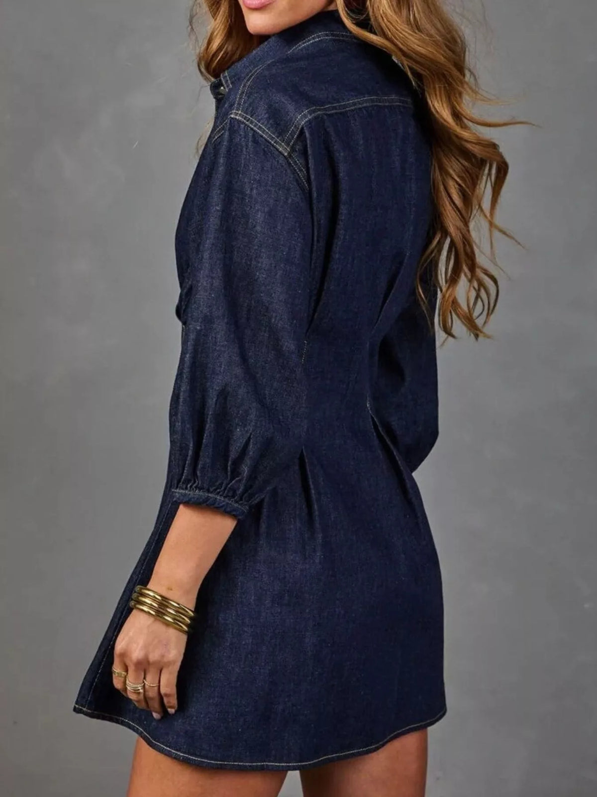 Button Down 3/4 Sleeve Denim Dress in Dark Blue