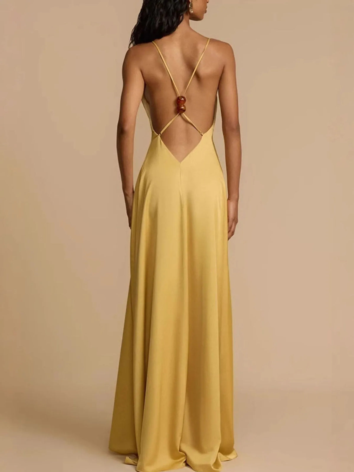 Deep V-Neck Maxi Dress in Gold