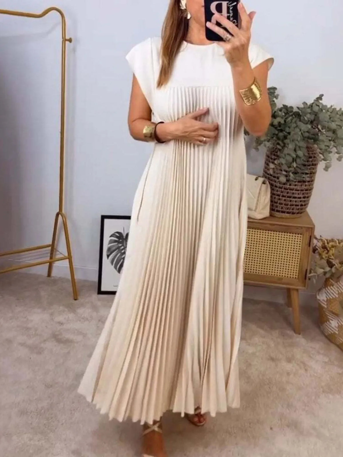 Pleated Round-Neck Maxi Dress with Pockets, Plus Size by Rosaline
