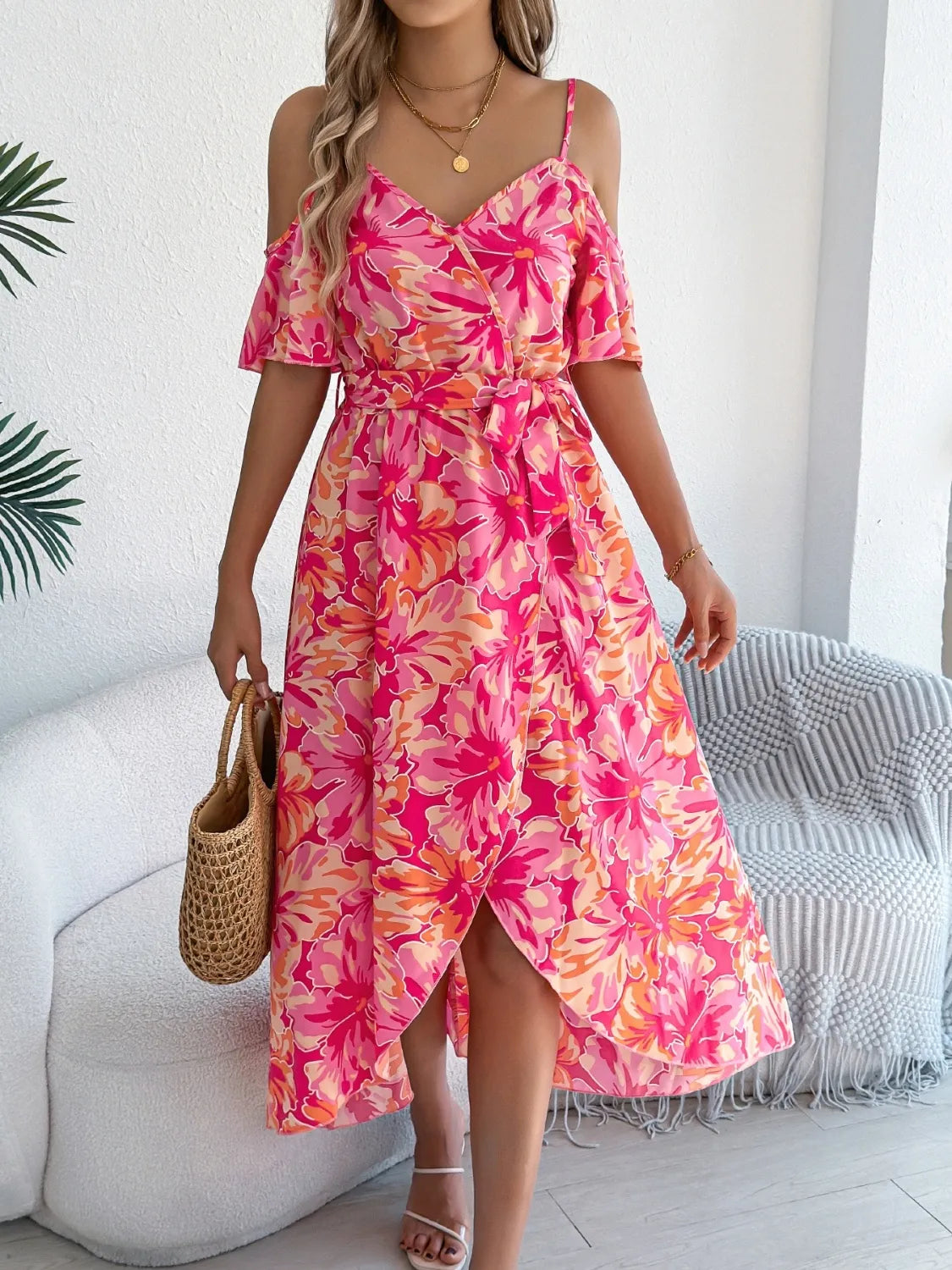 Printed Cold-Shoulder Midi Cami Dress